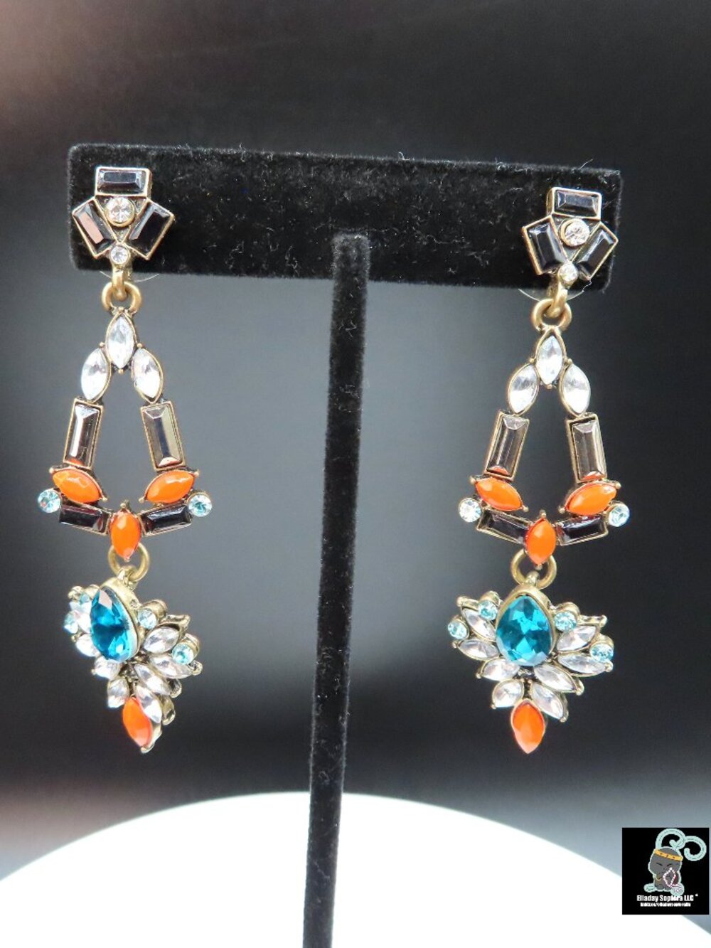 Multiple Color Rhinestones & Bronze Dangle Earrings